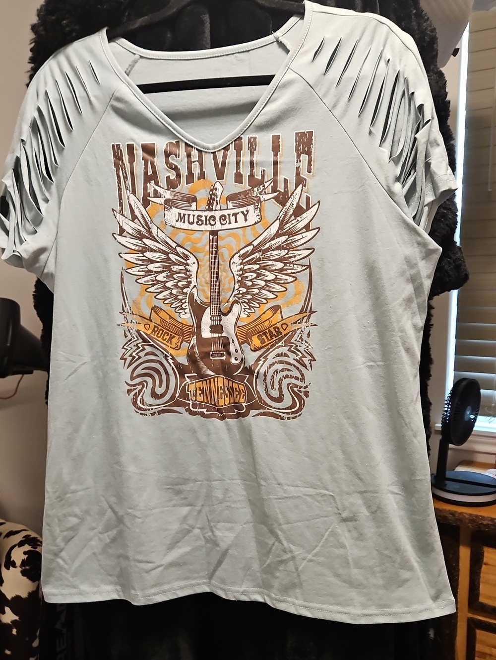 Nashville Music City Graphic Fringe Sleeve Tee - Light Blue